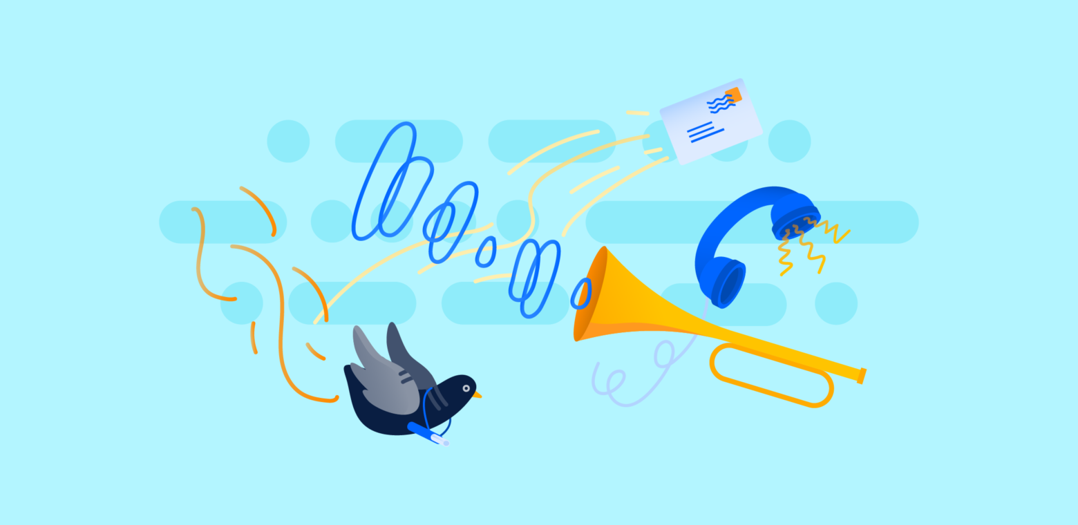 a representation of communication through a phone, a trumpet, a letter and a carrier pigeon