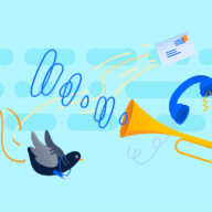 a representation of communication through a phone, a trumpet, a letter and a carrier pigeon