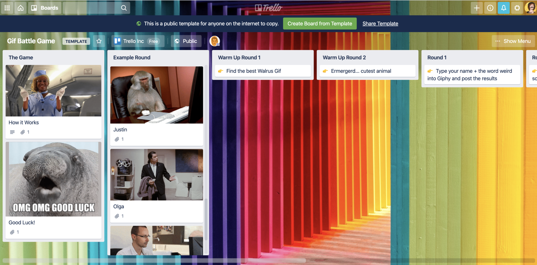 Screen capture of a trello board with fun categories ie. "find the best walrus gif" and users have each added a fun gif that matches the category.